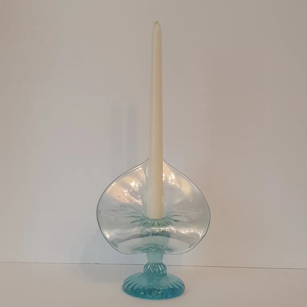 Vintage Jack in the Pulpit Candleholder Iridescent Aqua Glass Hand Blown Signed